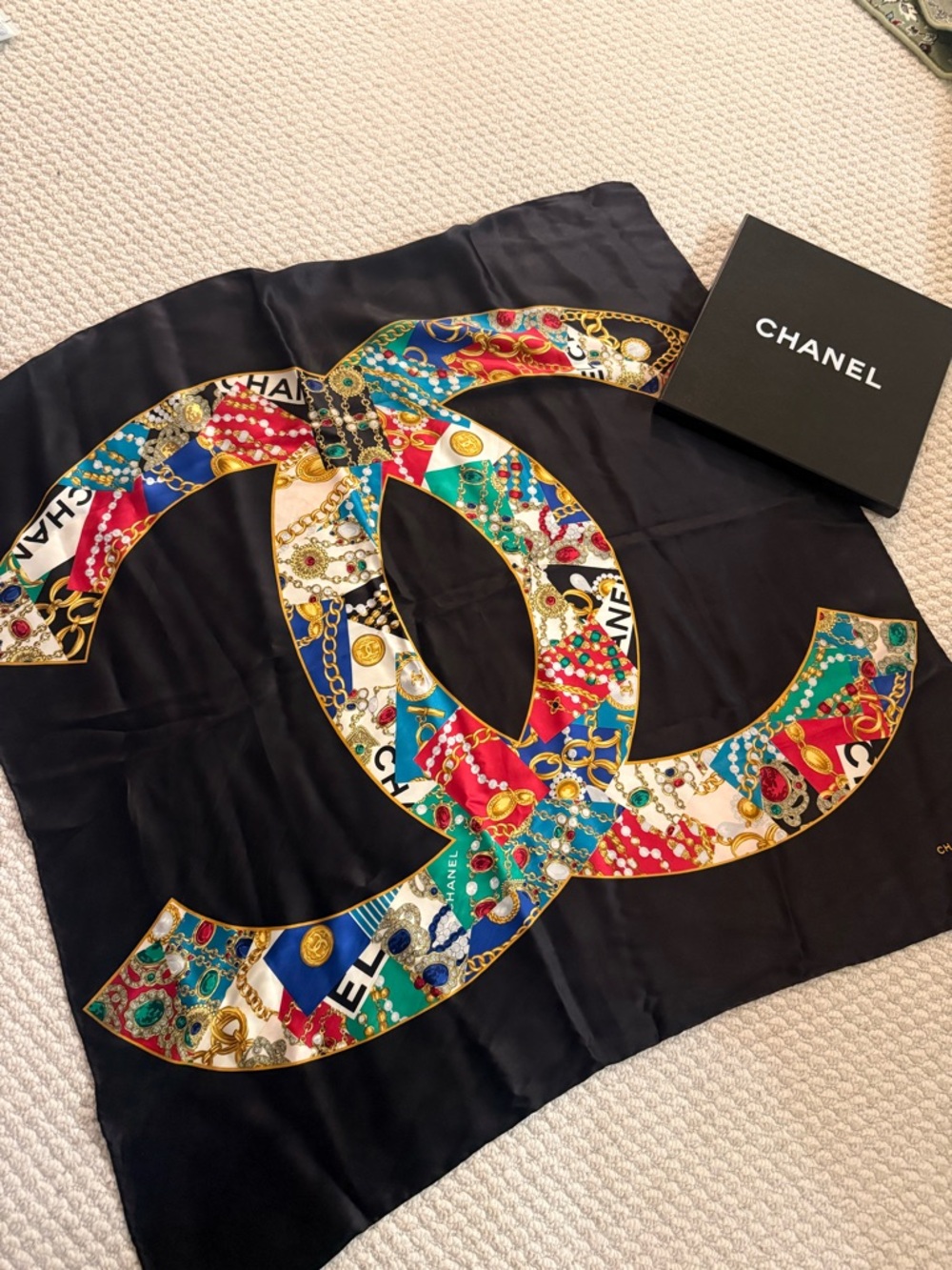 CHANEL Black Silk Scarf with Multicolor Chain-and-Jewel CC Motif